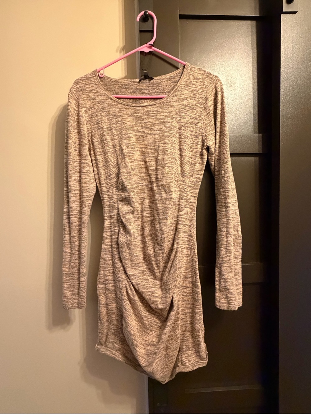 Express Long Sleeve Heathered Knit Dress in Taupe